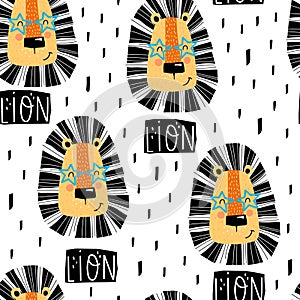 Seamless pattern with cartoon lions, hand drawing lettering, decor elements. Colorful vector flat for kids. hand drawing.